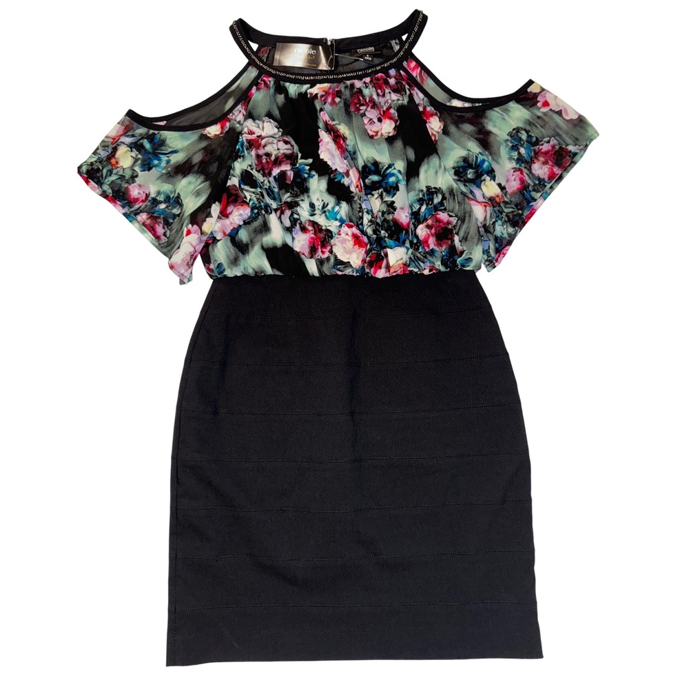 Nicole Miller Floral Beaded Cold Shoulder Dress Size 8 Black Multi‎ Color Party